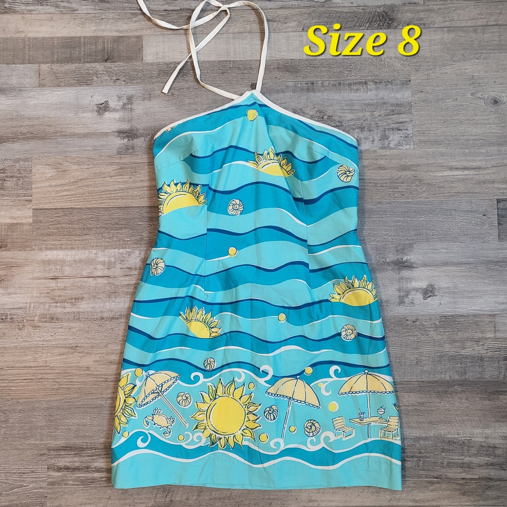Lily Pulitzer Blue Halter Dress with Yellow Beach Print